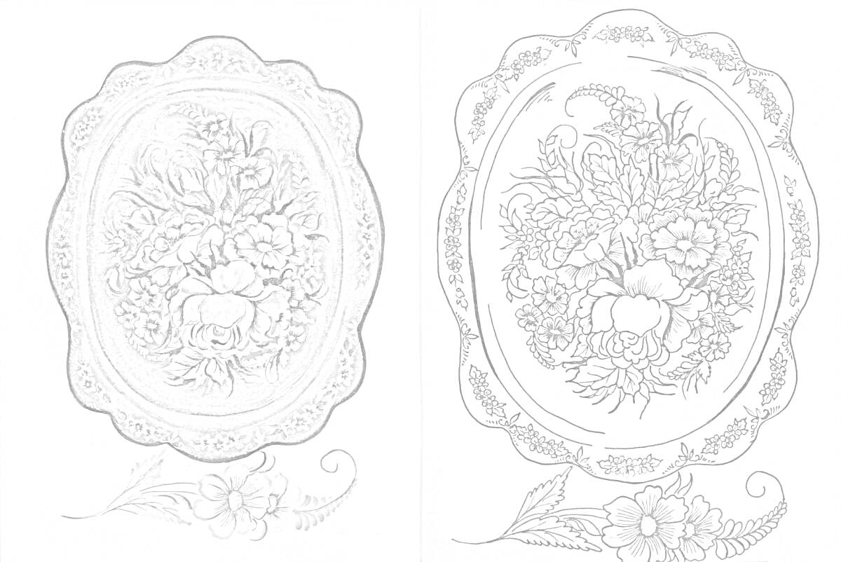 Раскраска Жостовский поднос с цветочной композицией, розовый фон, разноцветные цветы, декоративные узоры, листья и вьющиеся элементы.