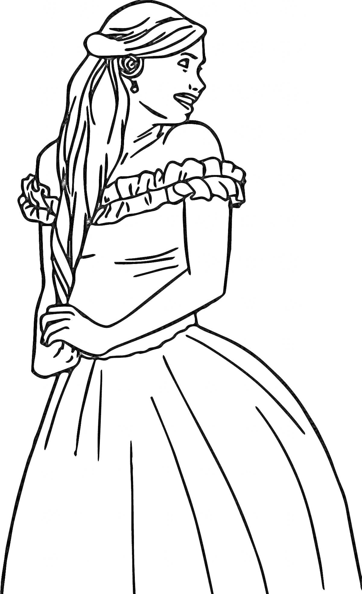 Раскраска Принцесса с длинными волосами в платье с открытыми плечами