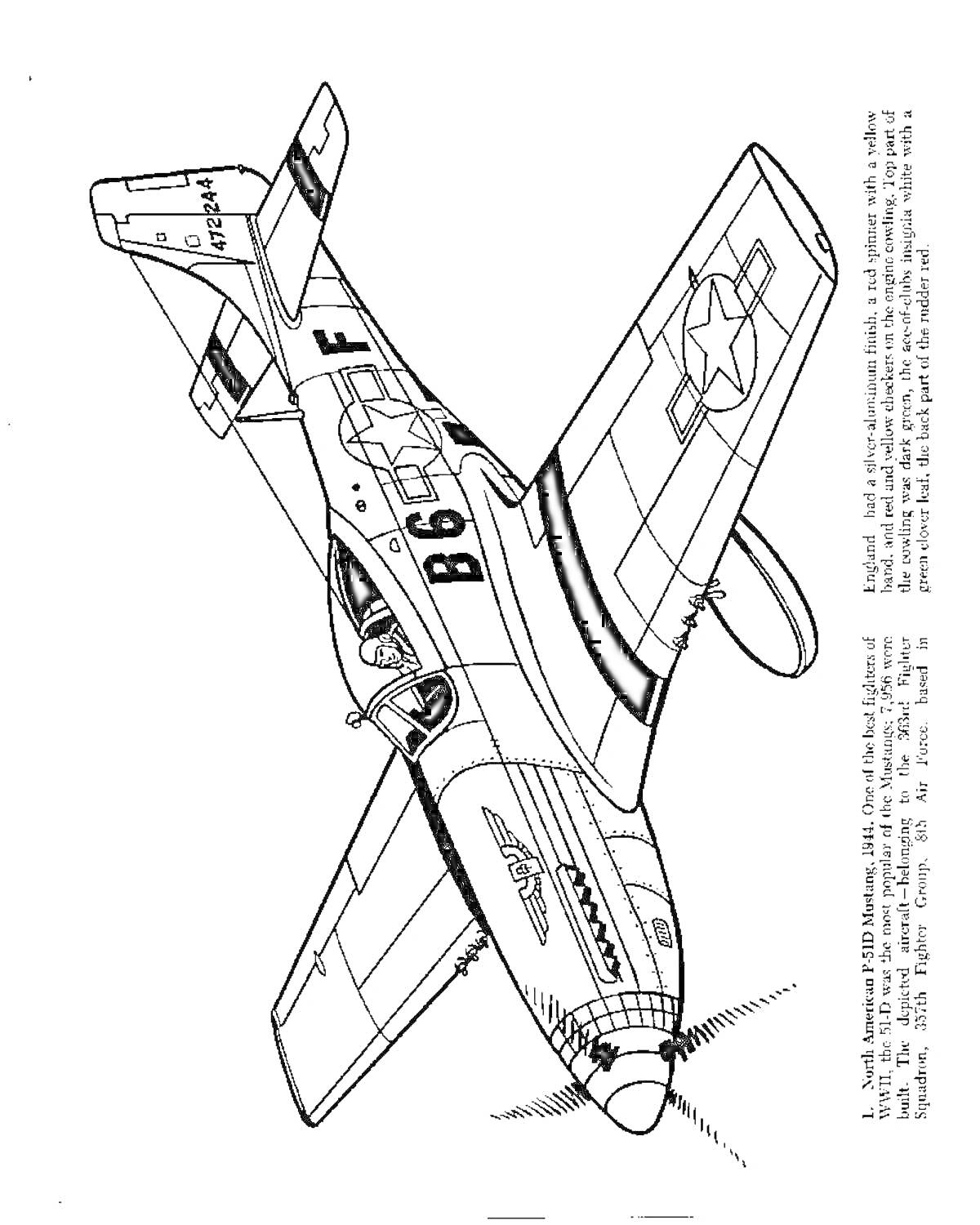 Раскраска Истребитель P-51 Mustang в полете с метками B6 и F, звездой ВВС США на крыльях