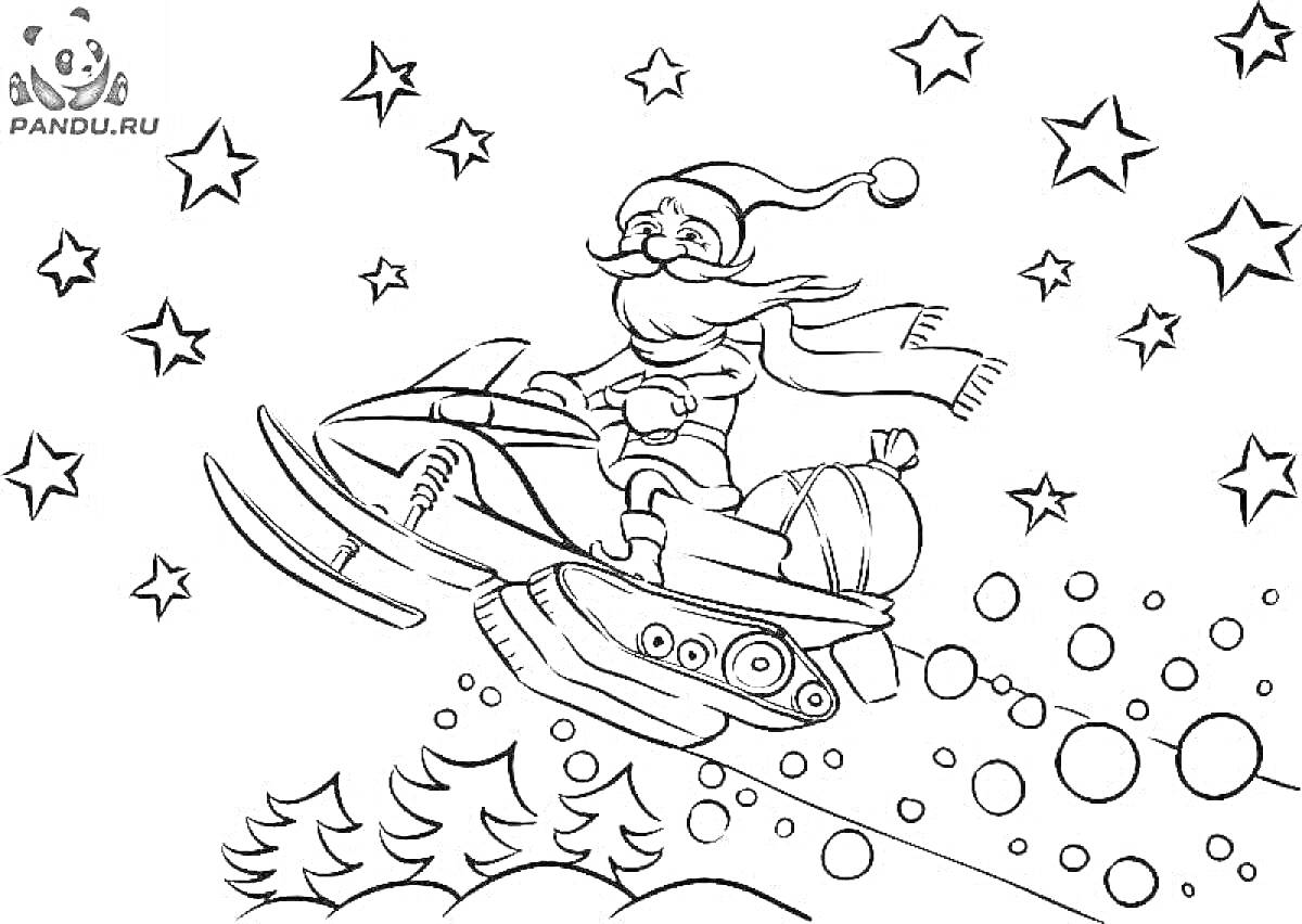 На раскраске изображено: Санта Клаус, Звезды, Елки, Зима, Снежинки, Для детей, Новый год, Праздники