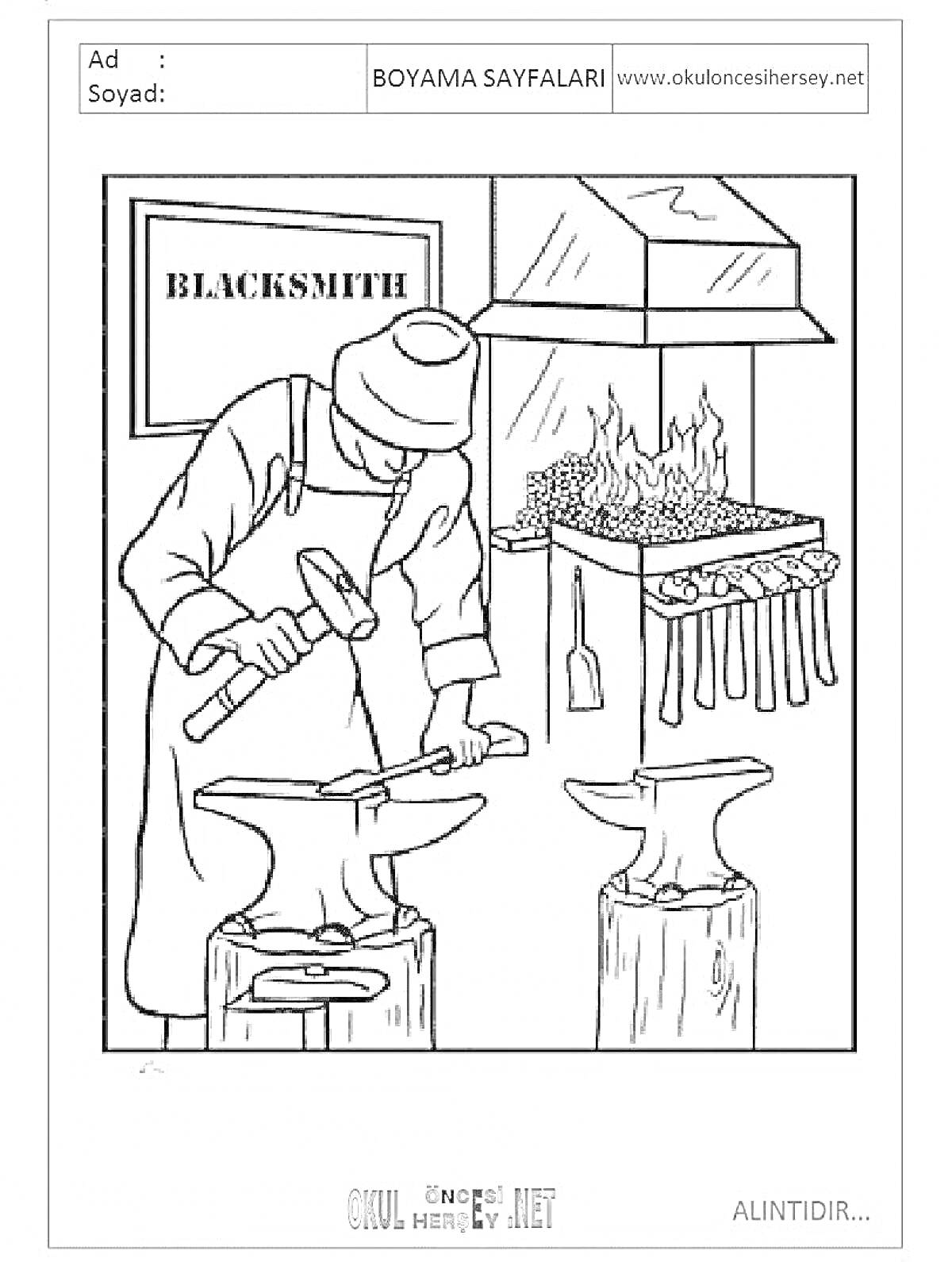 Раскраска Кузнец в кузнице, работающий с молотом и наковальней, огонь в камине, инструменты на полке