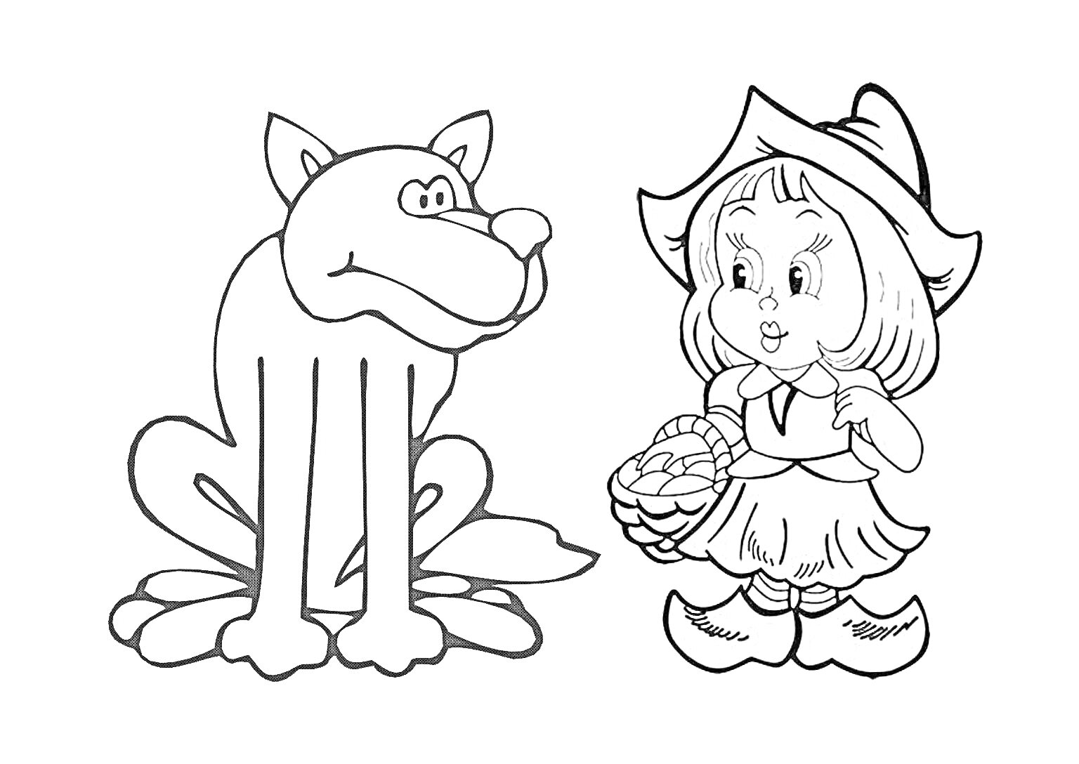 На раскраске изображено: Волк, Девочка, Красная Шапочка, Корзина, Для детей