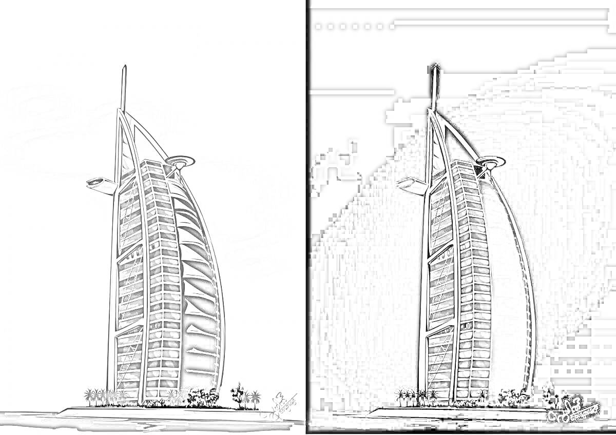 Раскраска Бурдж Аль Араб с облаками и деревьями на переднем плане, черно-белый рисунок и его ночная версия