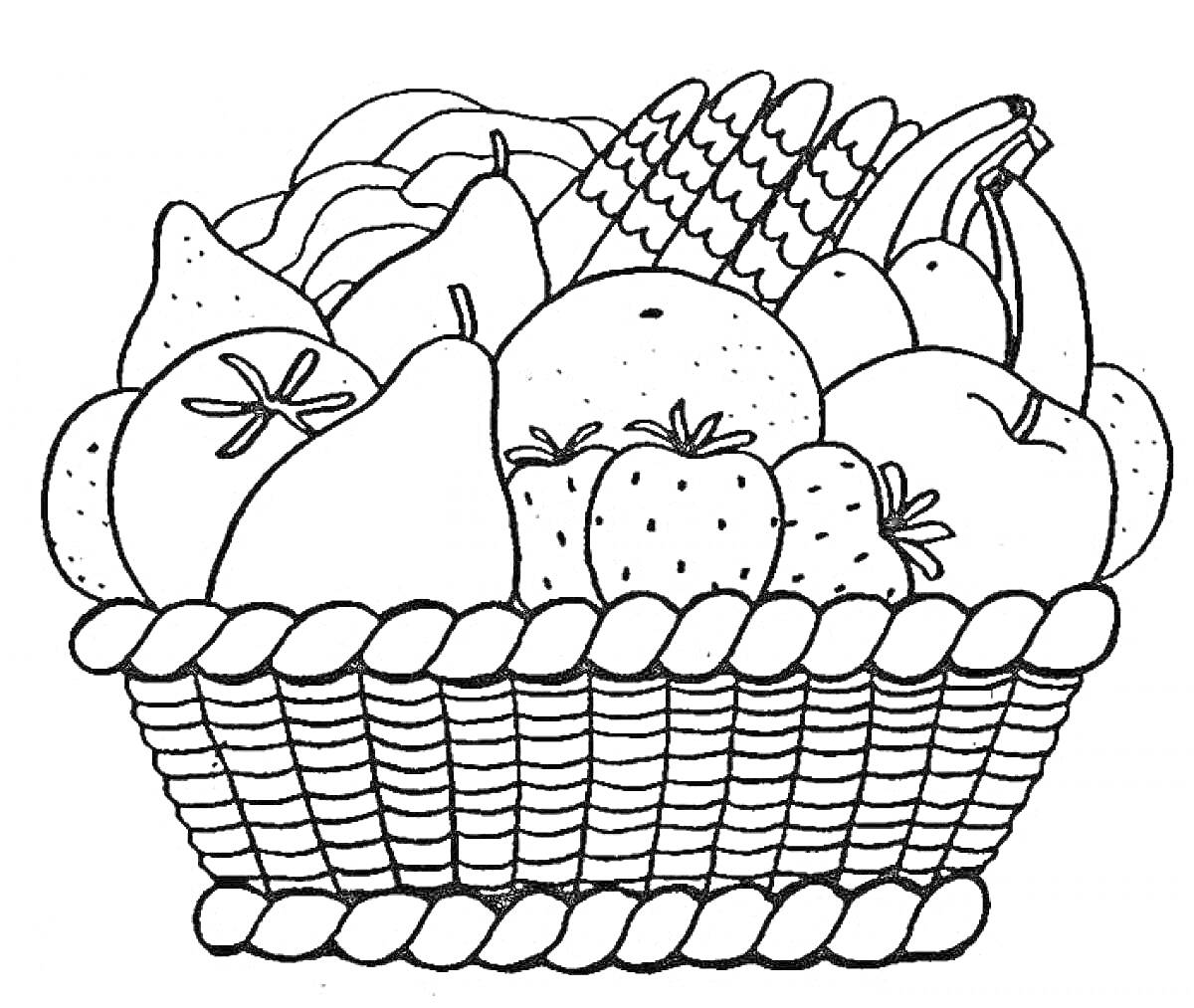 Раскраска Корзина с фруктами и овощами (груши, апельсин, арбуз, кукуруза, банан, клубника, яблоко, баклажан)