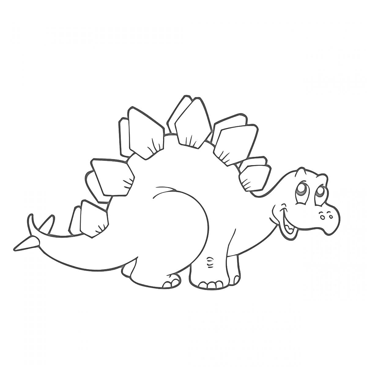 Динозаврик с пластинами на спине и хвосте, улыбающийся, стоящий на четырех лапах