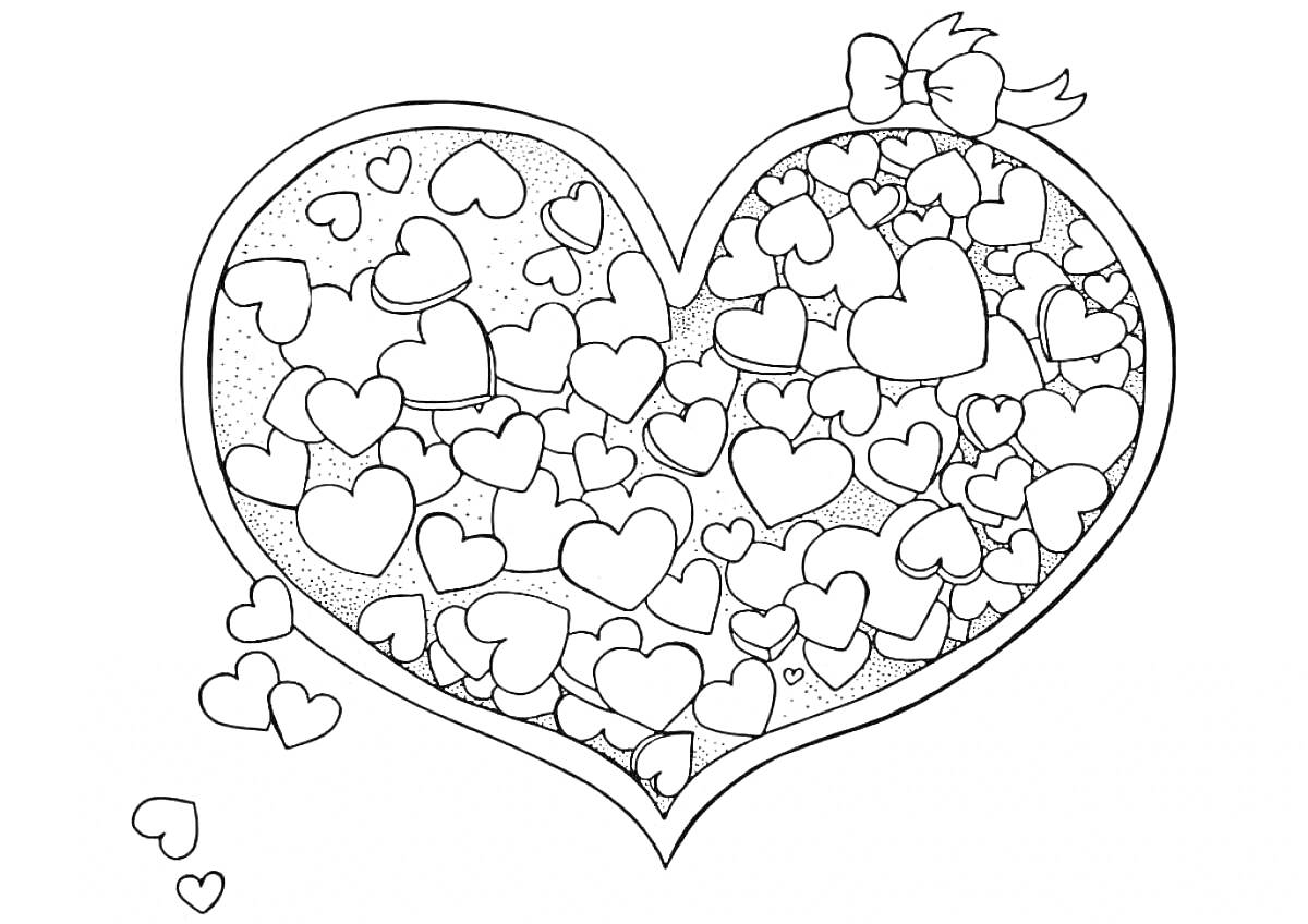 Раскраска Большое сердце, наполненное множеством маленьких сердечек и украшенное бантиком