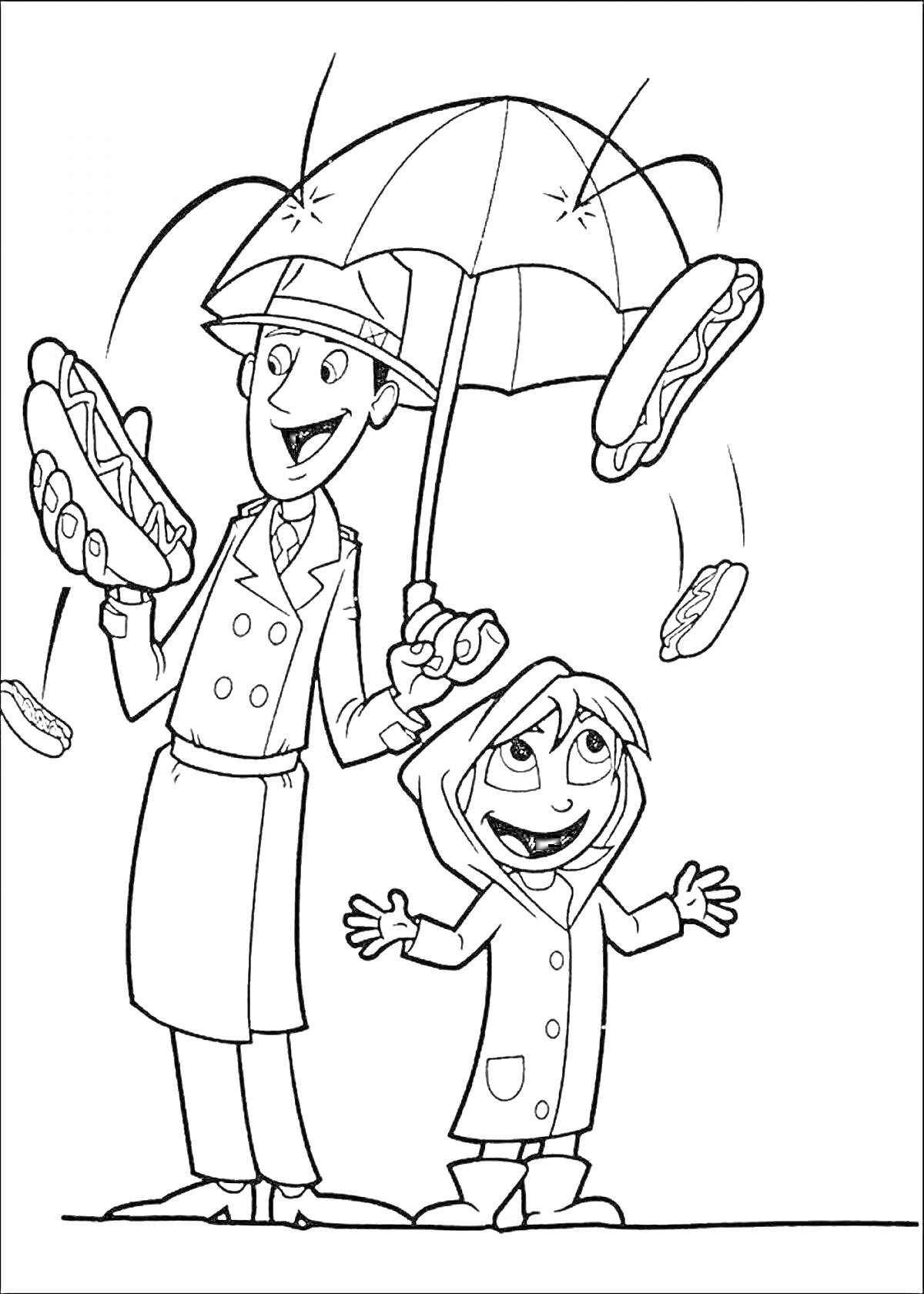 Раскраска Человек и ребенок в плащах под зонтом с падающими хот-догами