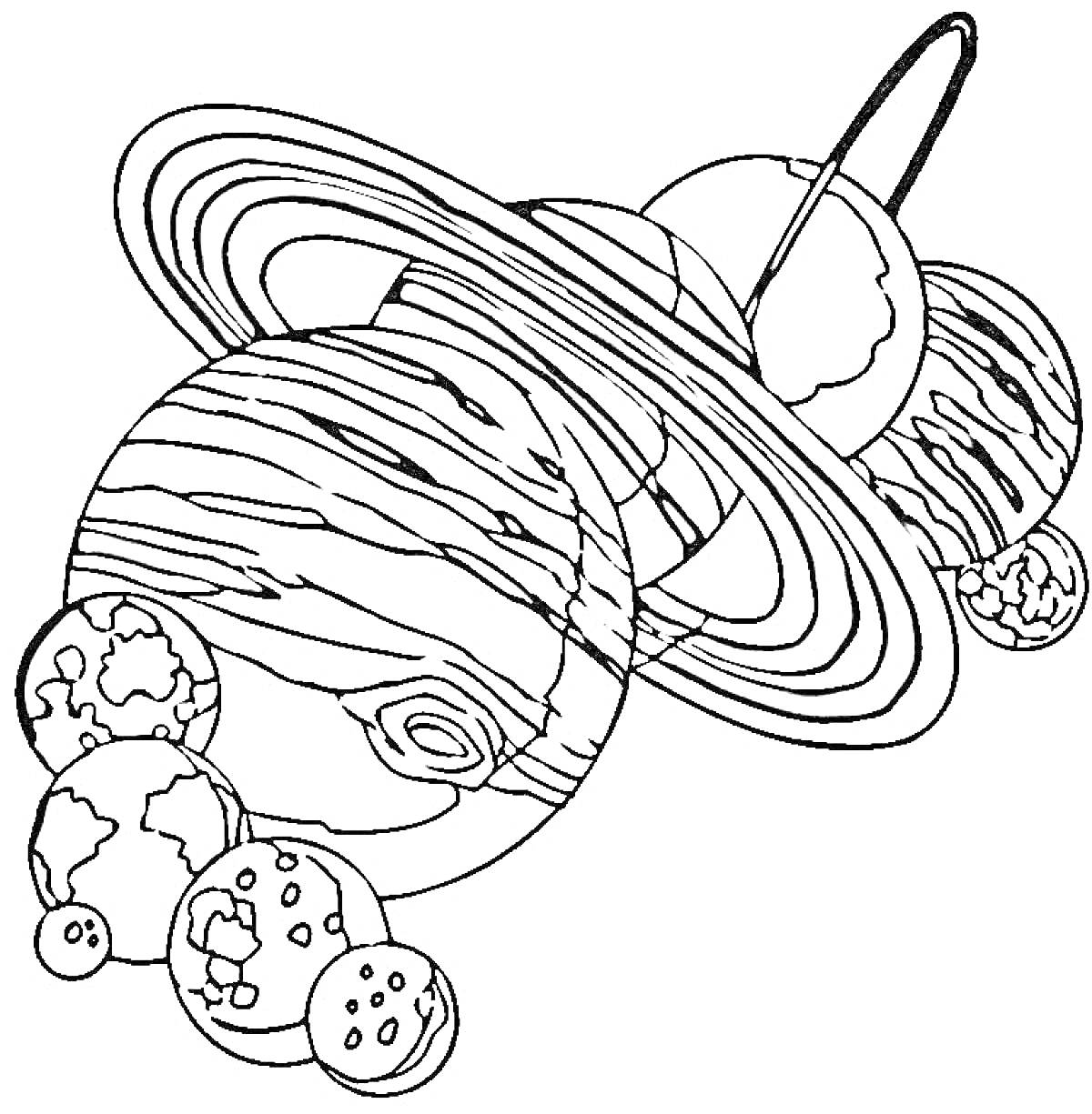 На раскраске изображено: Солнечная система, Планеты, Луна, Космос, Астрономия, Учеба, Для детей, Кольцо, Развлечения
