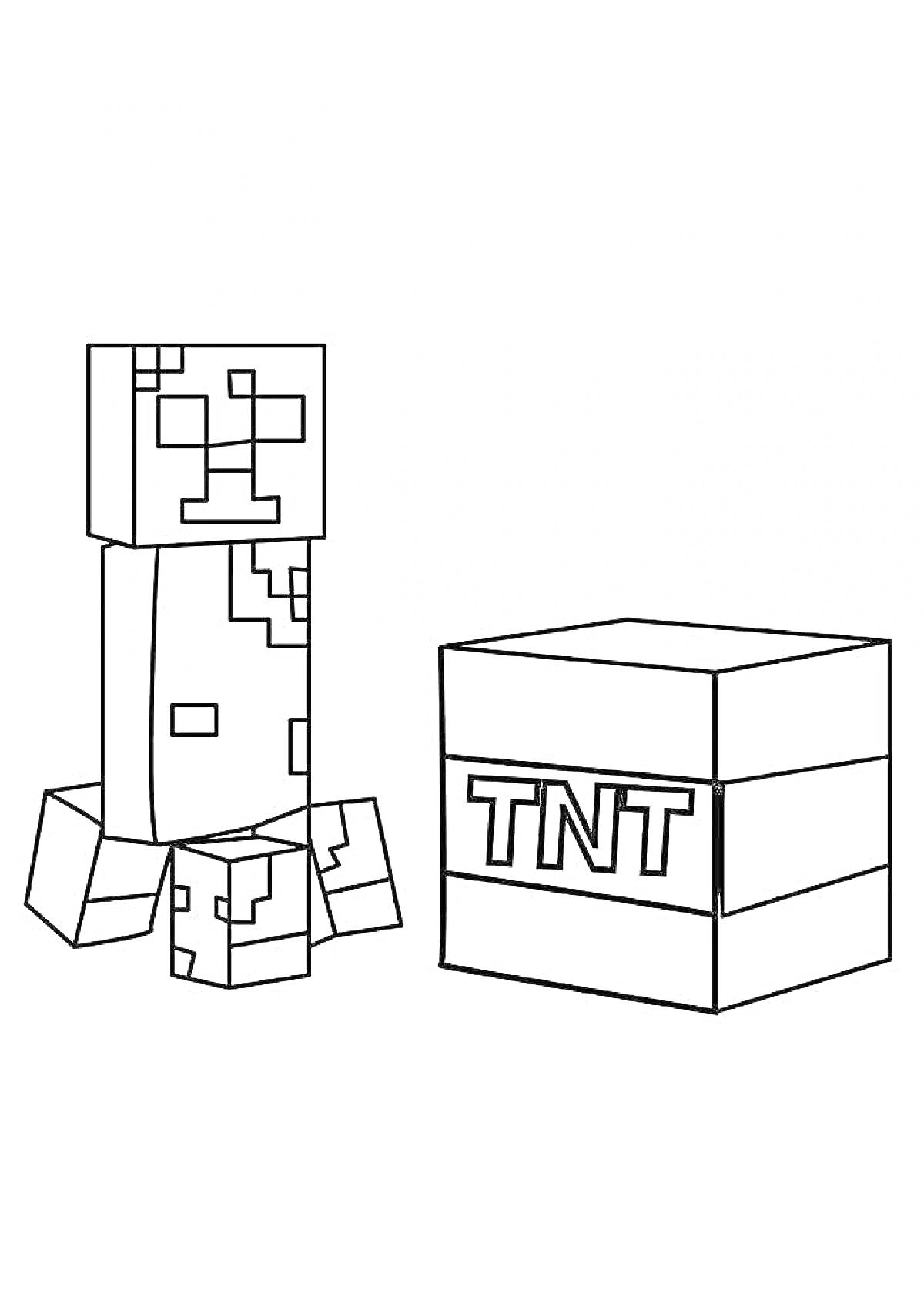 На раскраске изображено: Minecraft, Крипер, TNT, Видеоигра, Пиксельный персонаж, Взрыв