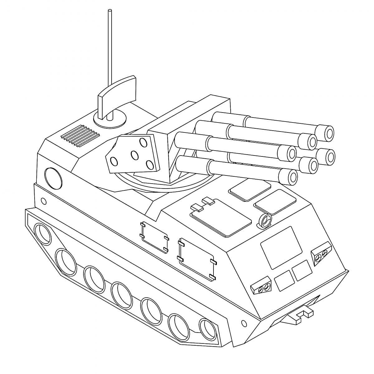 Раскраска Танковая установка с шестью орудиями, радиоантенной, люками и гусеницами