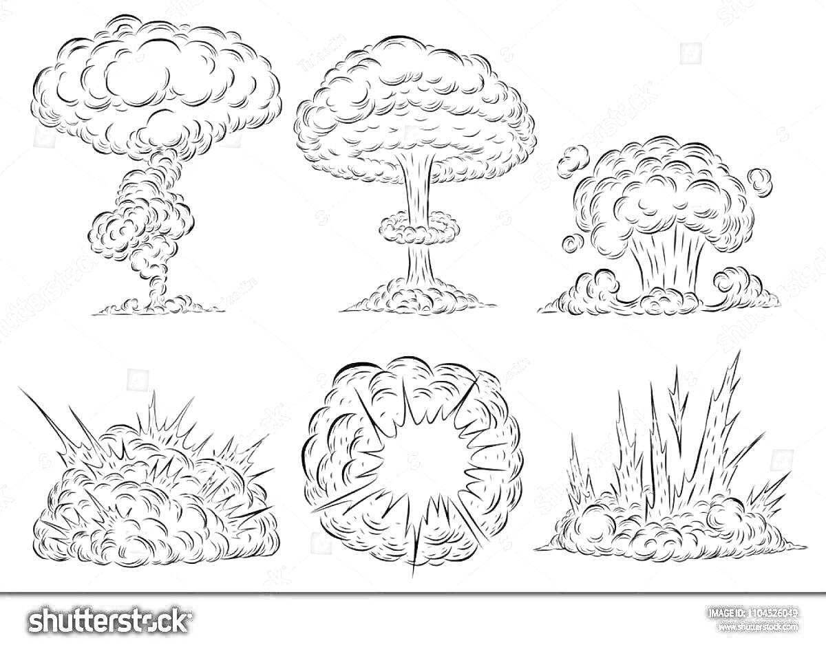 Раскраска Шесть типов взрывов атомной бомбы с различными формами и стадиями облаков: анимация атомного гриба в шести вариантах