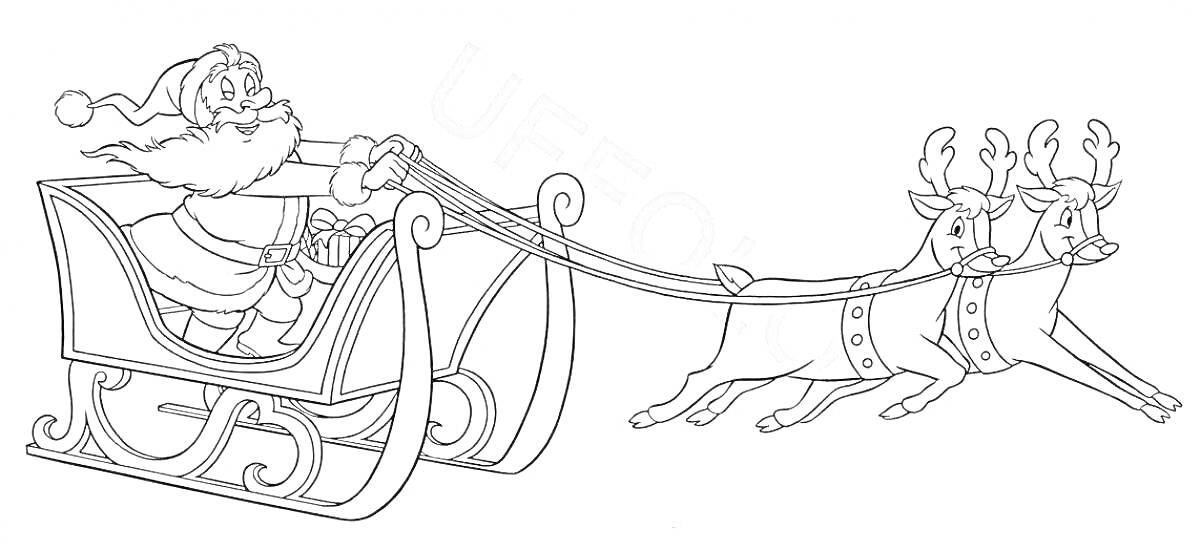 Раскраска Дед Мороз в санях, запряженных двумя оленями