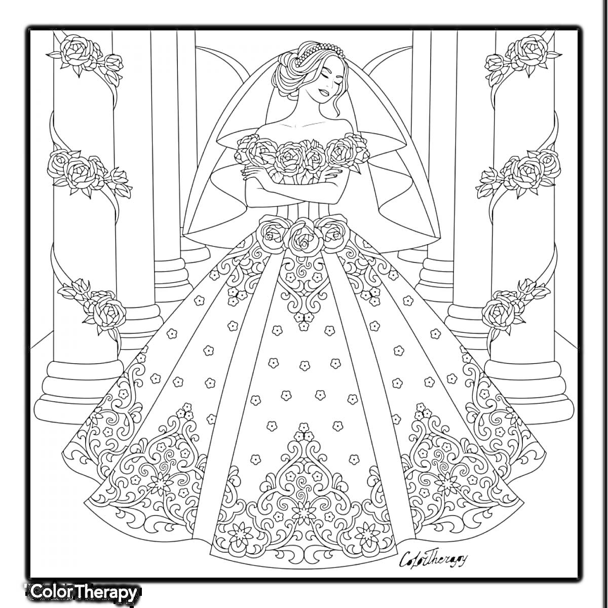На раскраске изображено: Невеста, Свадебное платье, Колонны, Цветы, Кукольная одежда