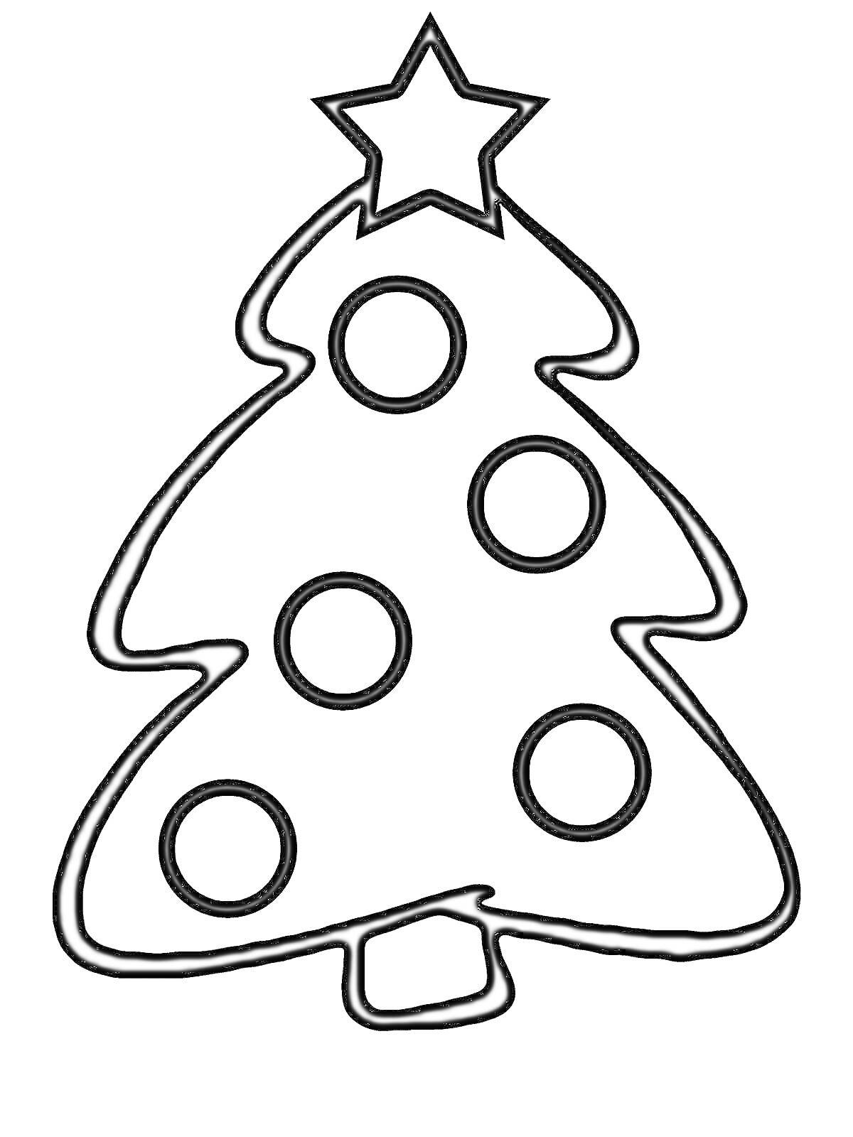 Раскраска елка с пятью круглыми игрушками и звездой на верхушке