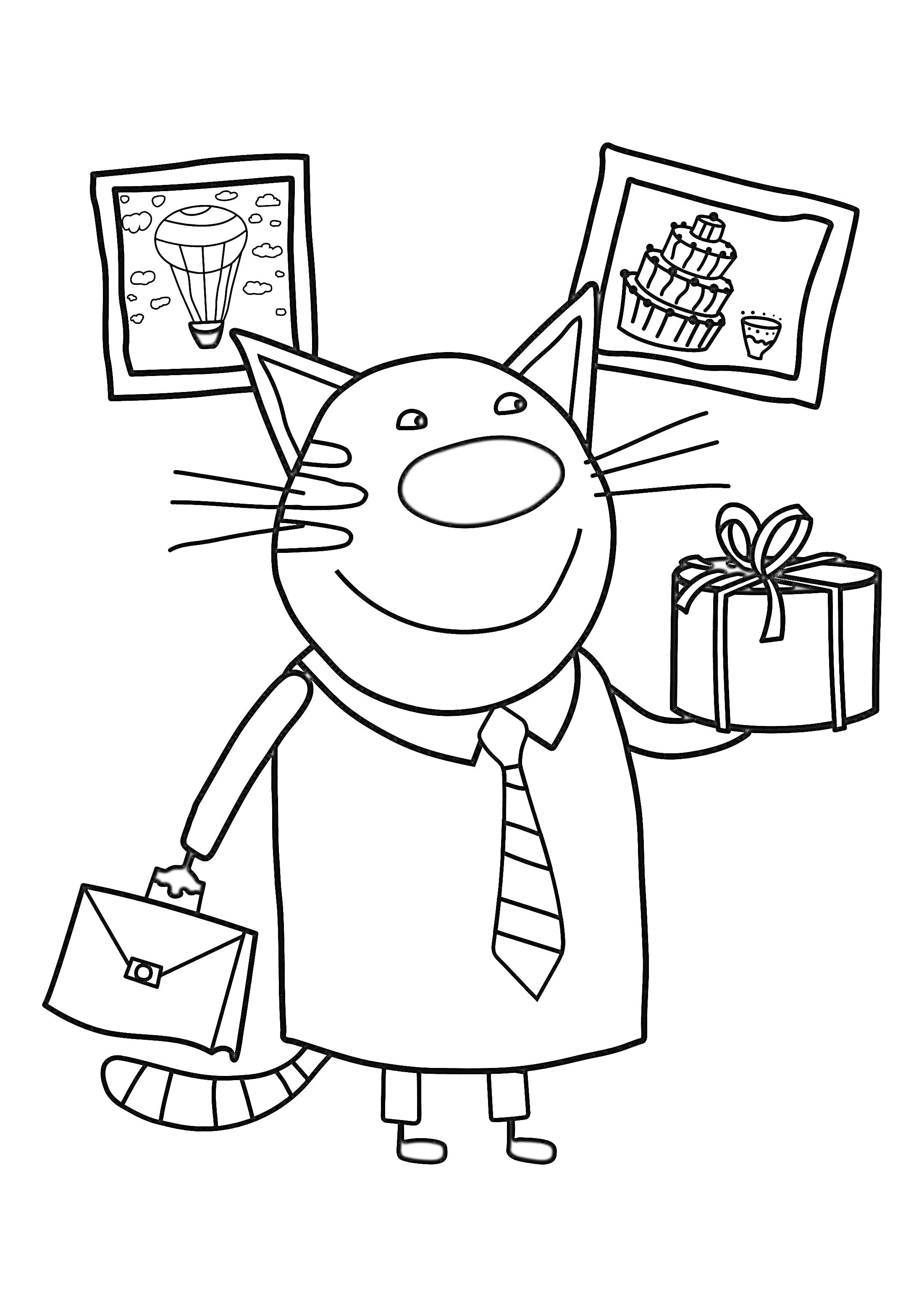 На раскраске изображено: Кот, Галстук, Портфель, Торт, Подарки, Воздушные шары