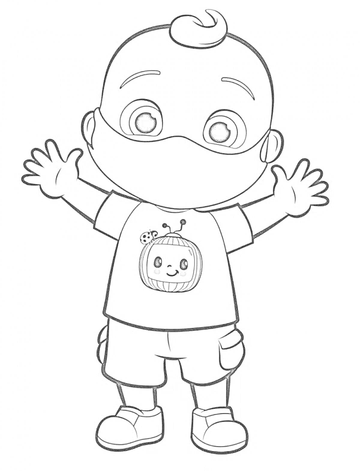 Раскраска Ребенок в маске с футболкой Кокомелон