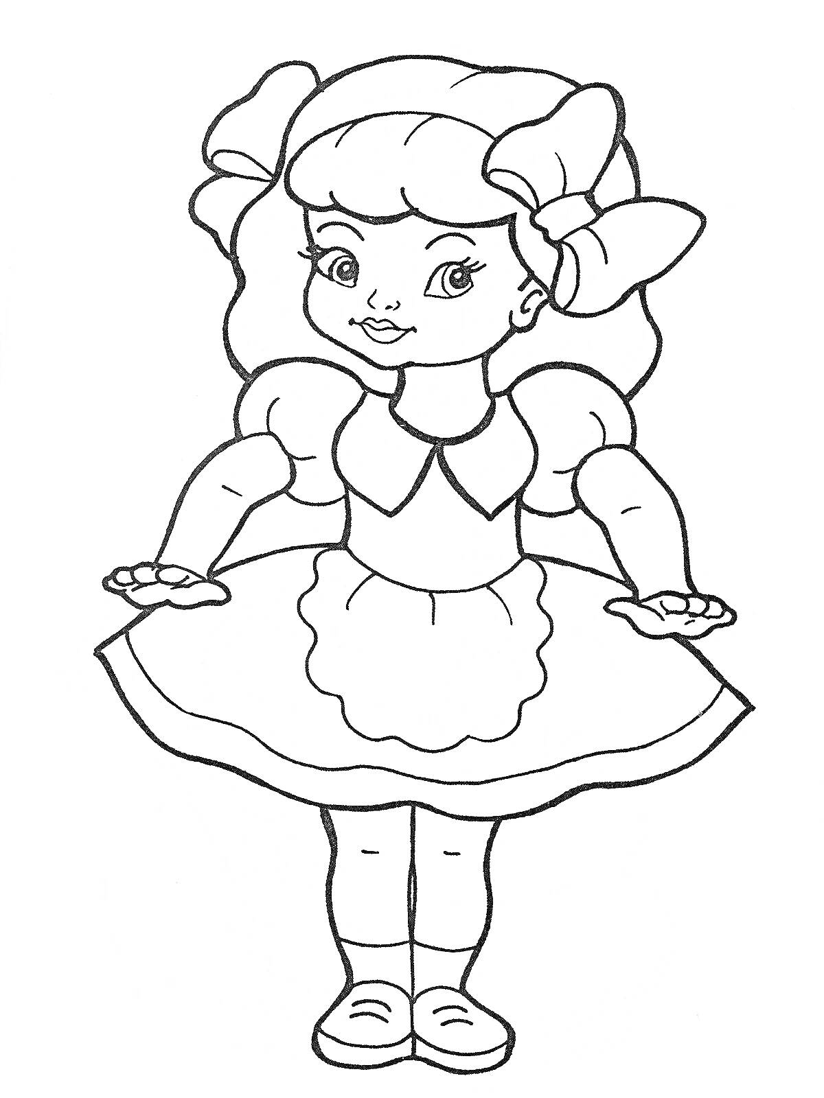 Раскраска Куколка с большими бантиками, в платье с фартуком и туфельках