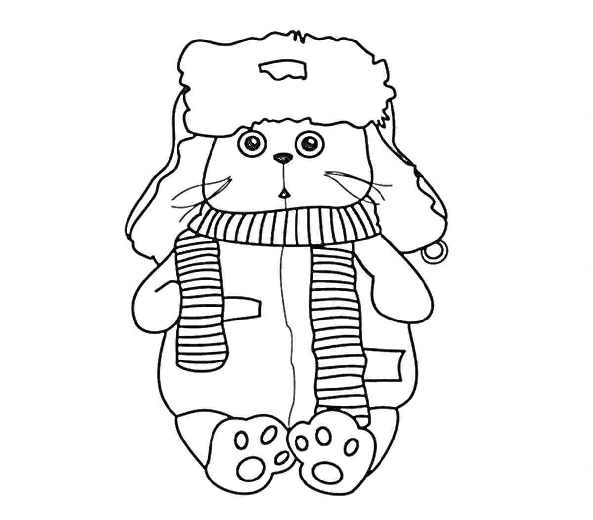 Раскраска Кот Басик в зимней одежде с шапкой-ушанкой и шарфом