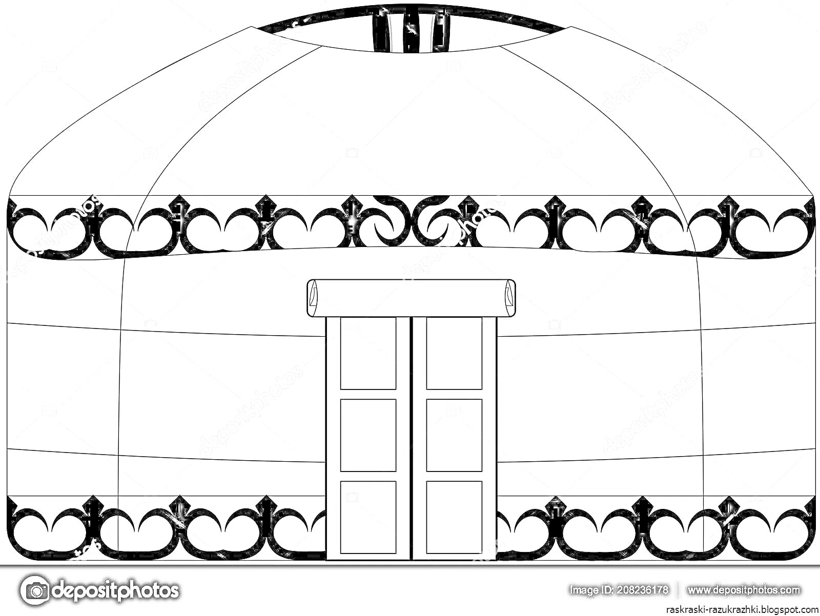 На раскраске изображено: Киіз үй, Юрта, Орнамент, Узоры, Дверь, Казахская культура