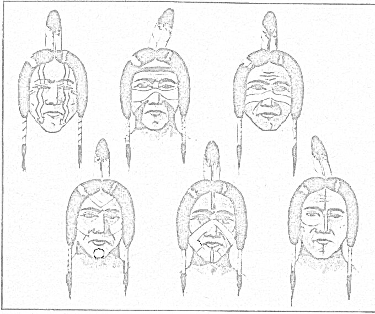 Раскраска Лица индейцев с боевой раскраской и головными уборами с перьями