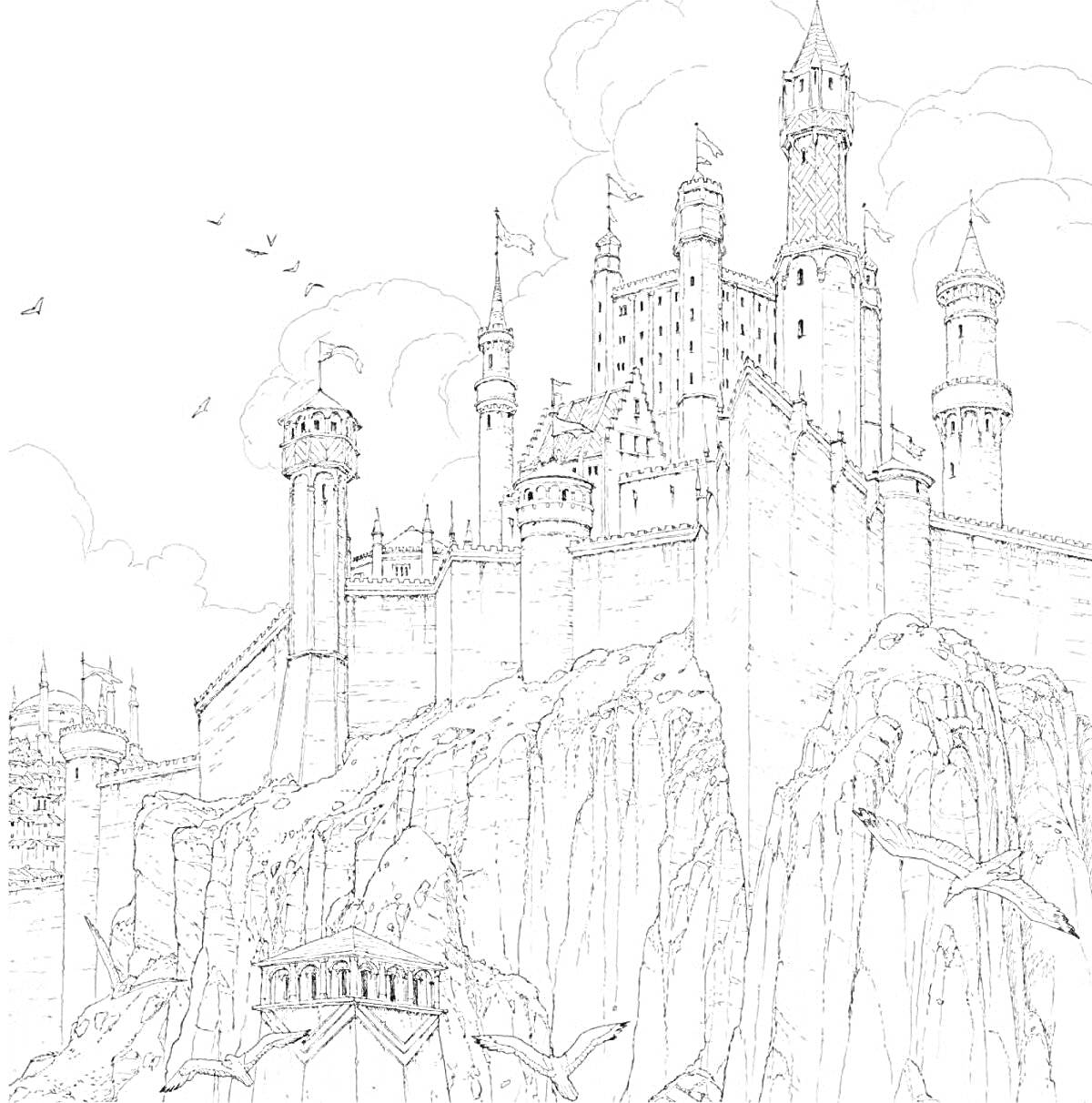 На раскраске изображено: Хогвартс, Замок, Башни, Утёс, Небо, Облака, Средневековье