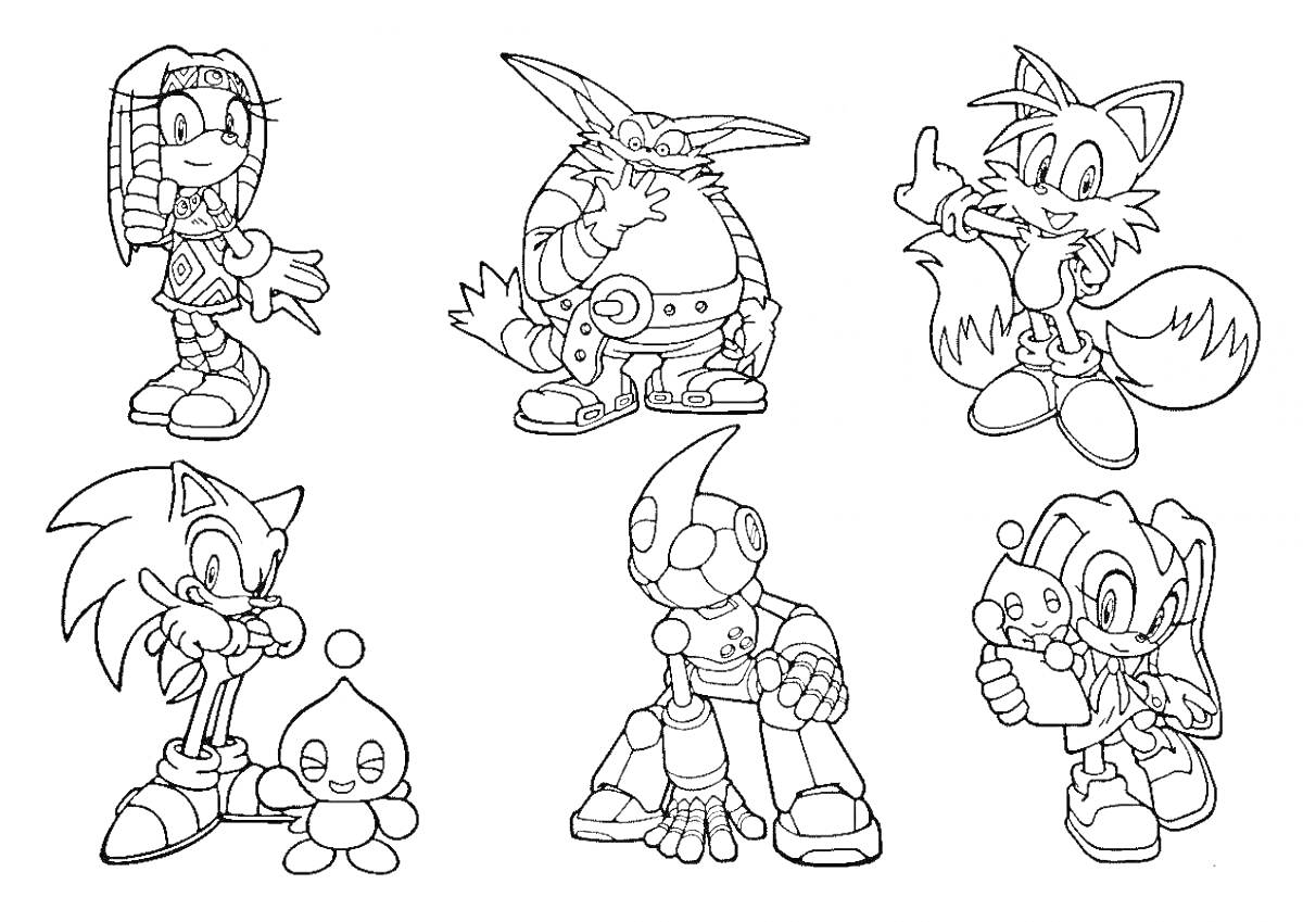 Шесть персонажей из серии Sonic the Hedgehog: ехидна с необычным головным убором, большой бобр, двухвостая лиса, ёж со своим маленьким другом, робот с шариком, антропоморфная крольчиха.