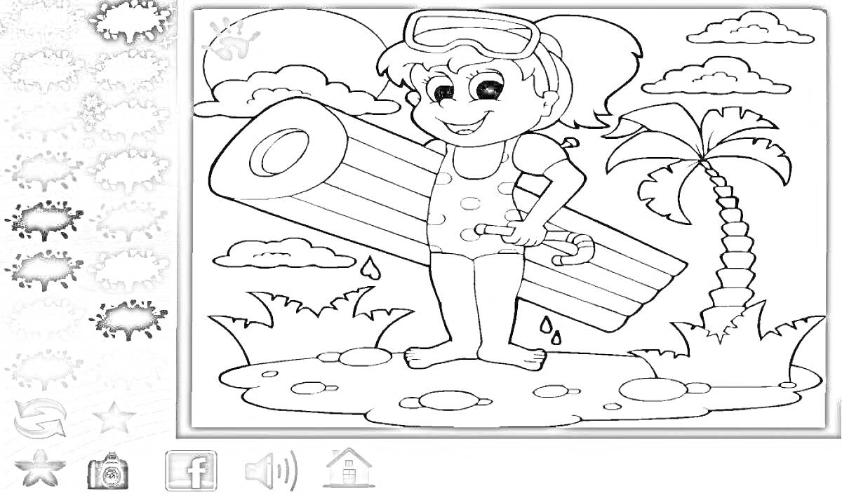 На раскраске изображено: Девочка, Пляж, Вода, Облака, Солнце, Ласты, Пейзаж, Пальмы