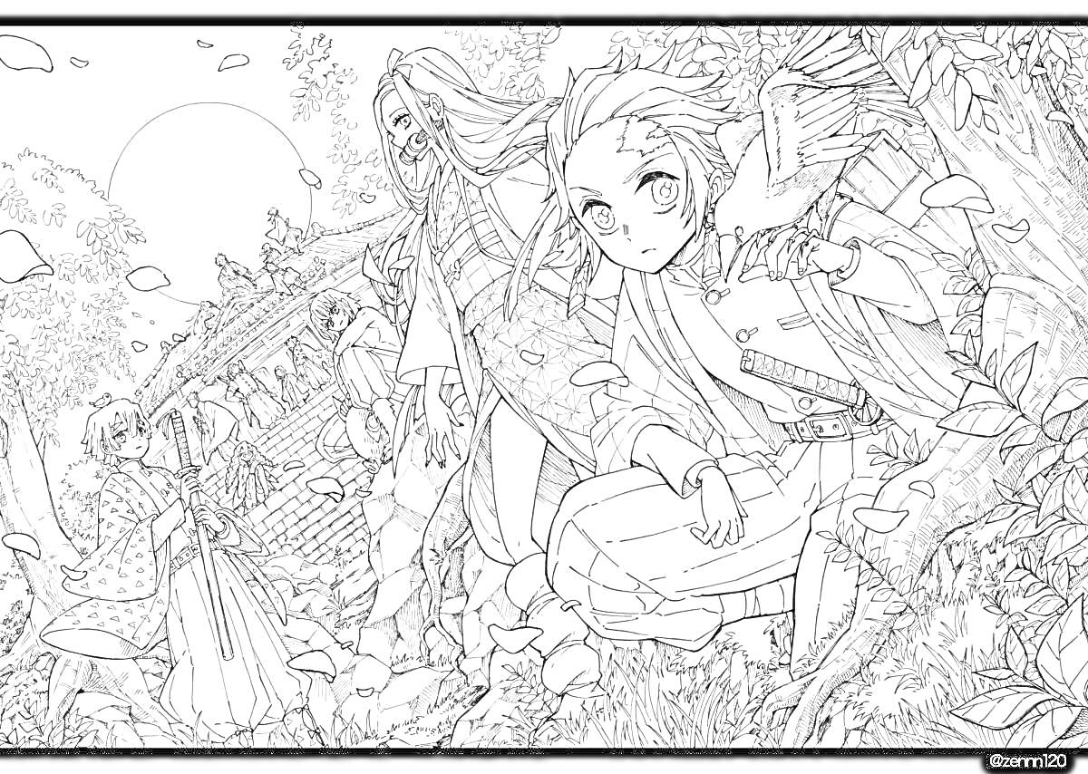 Раскраска Герои аниме с мечами среди цветов и деревьев на фоне моста и круглые луны