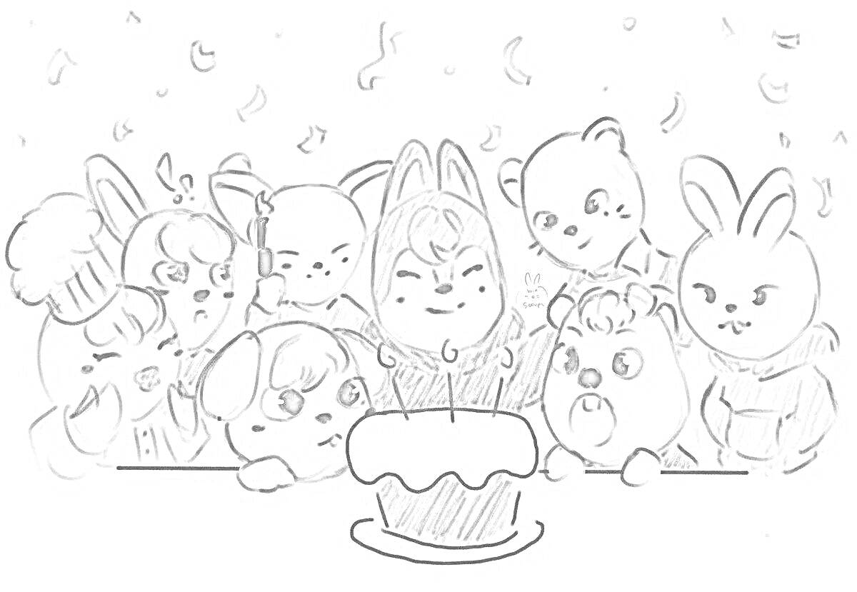 Раскраска Празднование с животными и пирогом