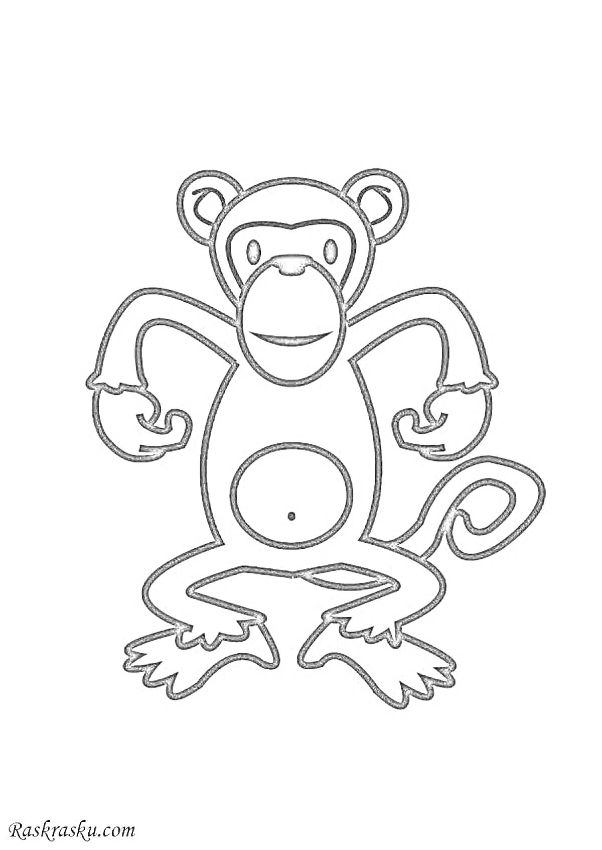 Раскраска Обезьяна с поднятыми руками и согнутыми локтями, мультяшный стиль, с хвостом и ушами, с глазами и улыбкой