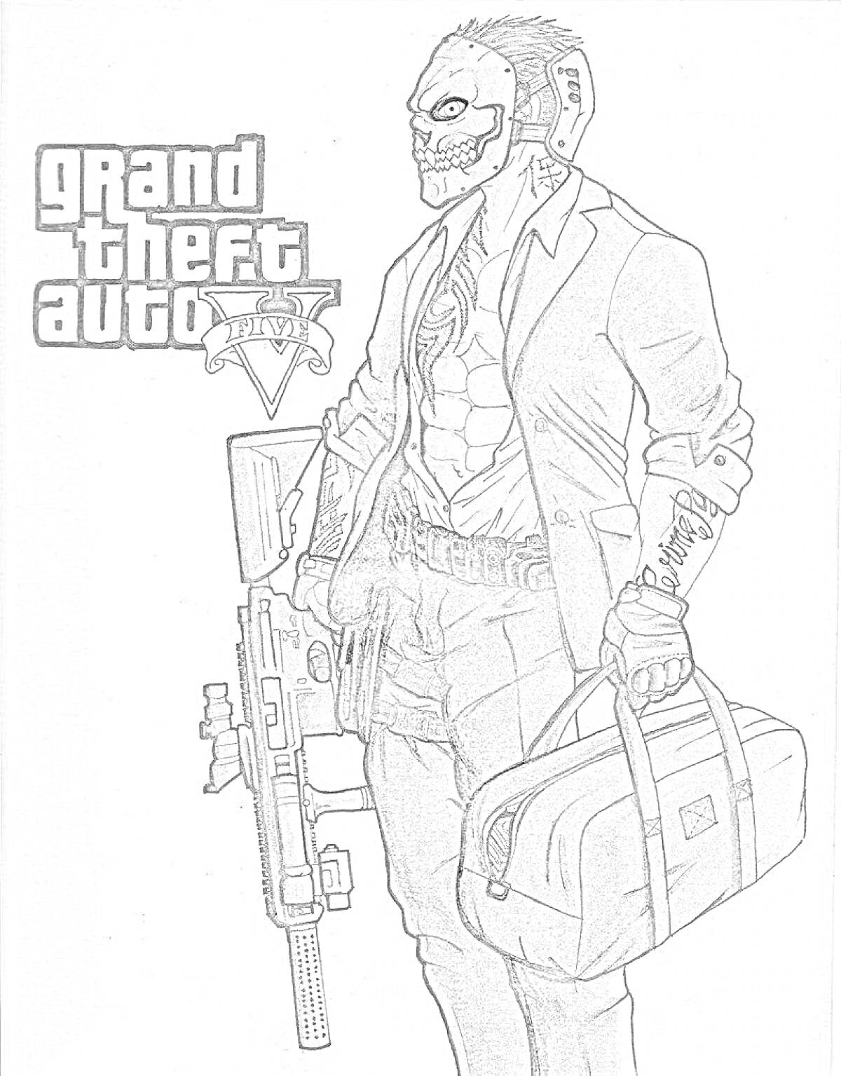Раскраска Изображение Франклина из GTA 5 в маске, с оружием в руках и сумкой на плече