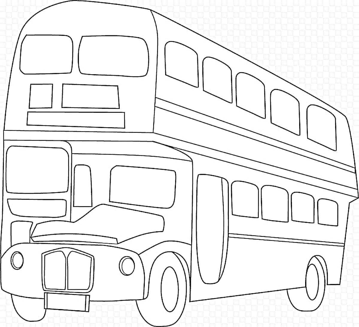 На раскраске изображено: Двухэтажный автобус, Транспорт, Автобус, Контурные линии, Окна, Дверь, Колёса
