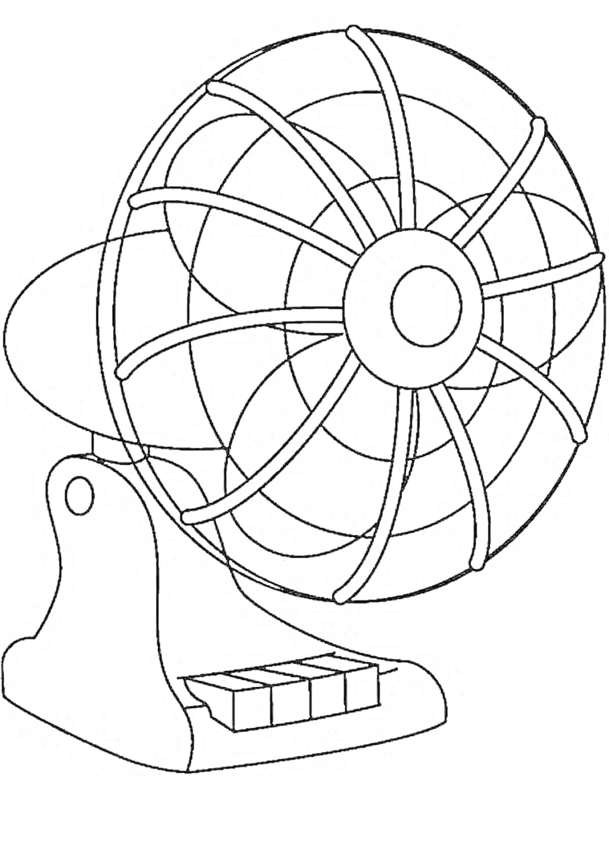 Раскраска с настольным вентилятором, состоящим из корпуса, лопастей и защитной решетки.