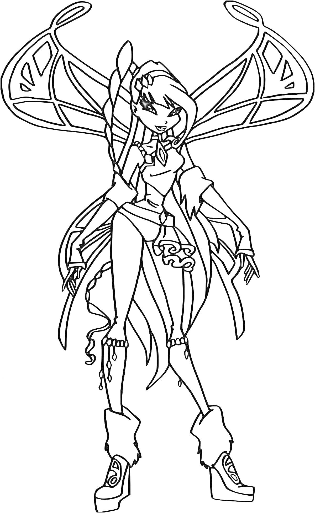 Раскраска Муза Винкс с крыльями, волшебной одеждой, длинными косами и сапогами на каблуке