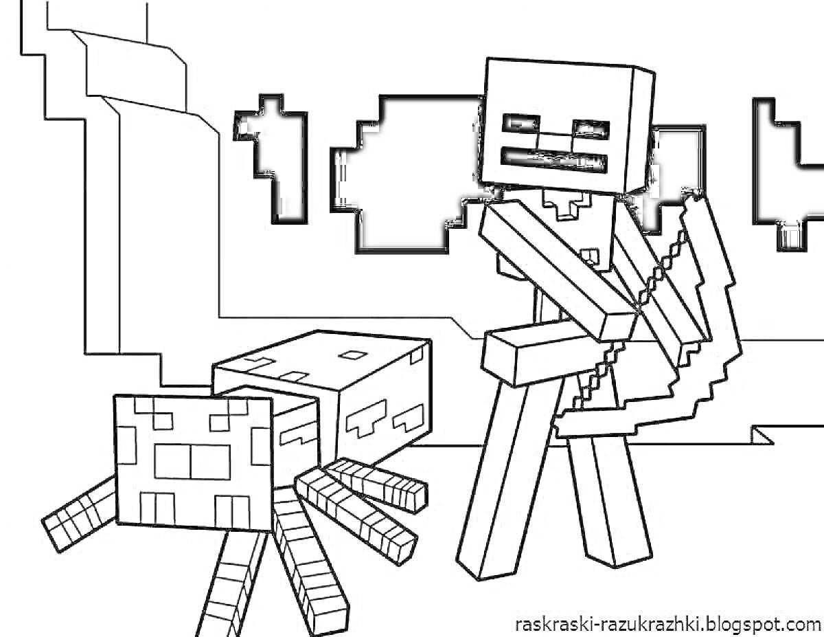 Раскраска Скелет и паук в мире Лего Майнкрафт