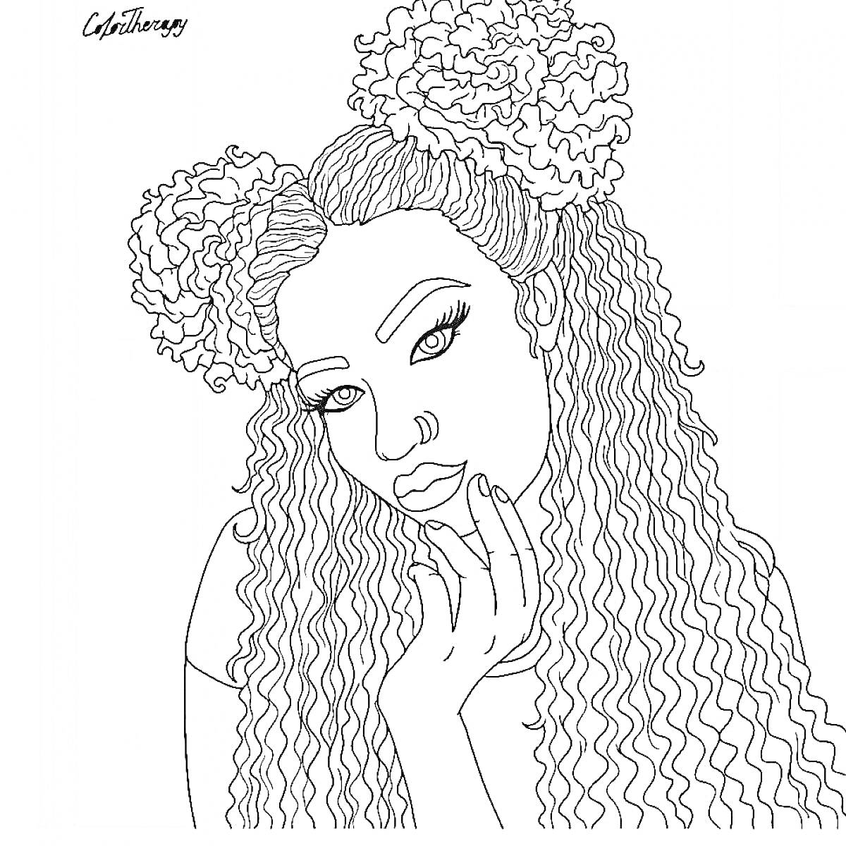 Раскраска Девушка с вьющимися волосами и крупными цветами на голове
