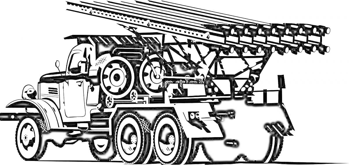 Раскраска Катюша военная техника для детей - грузовик с пусковой установкой ракет