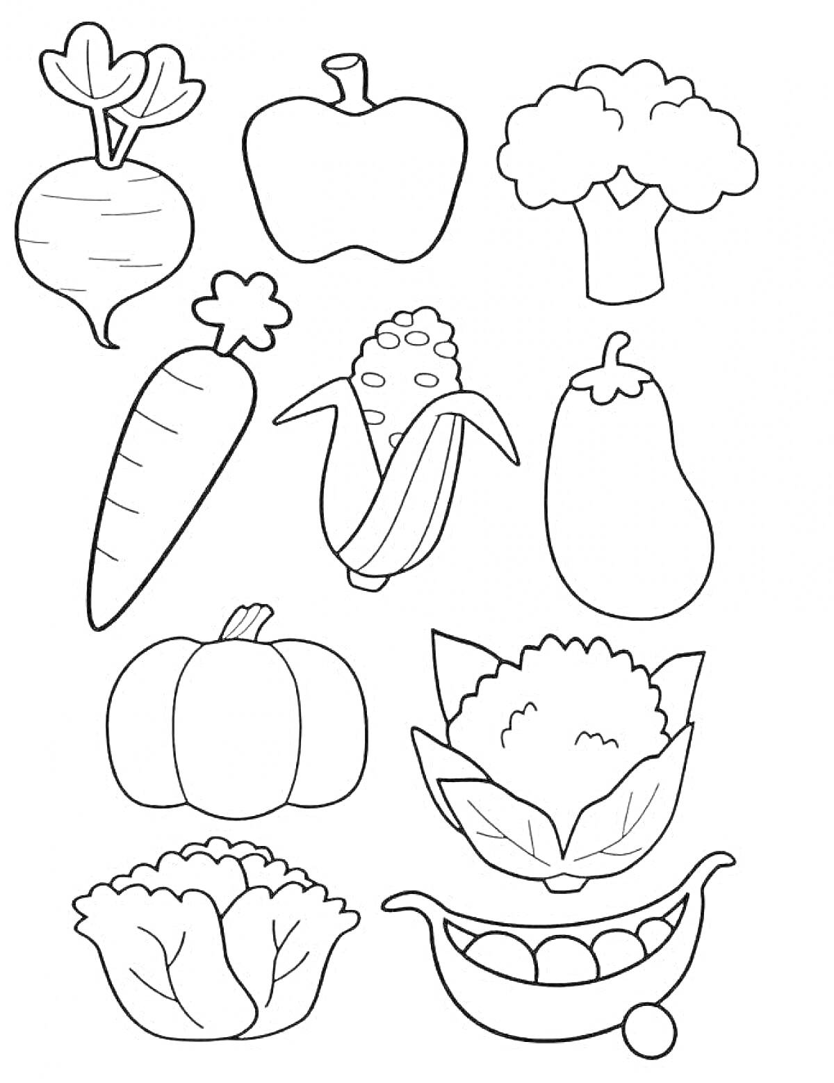 На раскраске изображено: Овощи, Фрукты, Полезная еда, Яблоко, Брокколи, Морковь, Кукуруза, Баклажан, Тыква, Цветная капуста