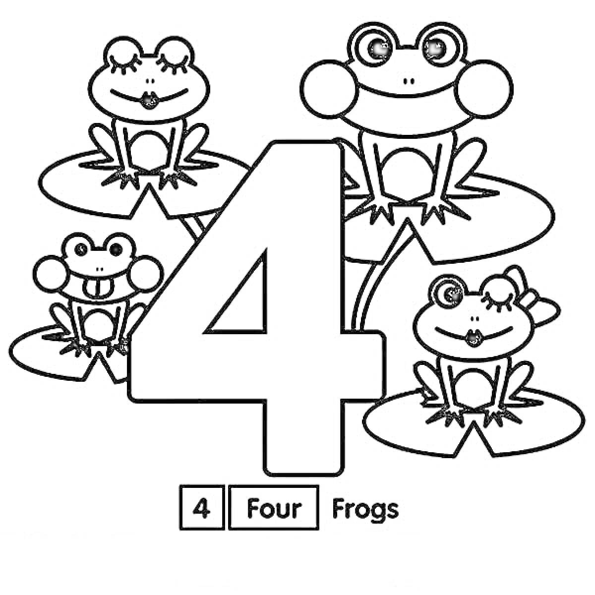 На раскраске изображено: Цифра, Четыре, Лягушки, Алфавит, Обучение, Для детей