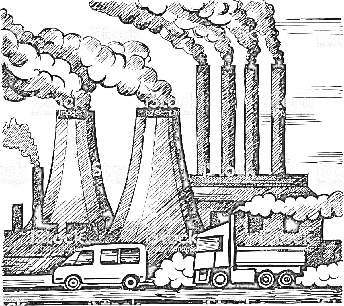 Раскраска Завод с трубами, выпускающими дым, и транспортные средства, загрязняющие воздух