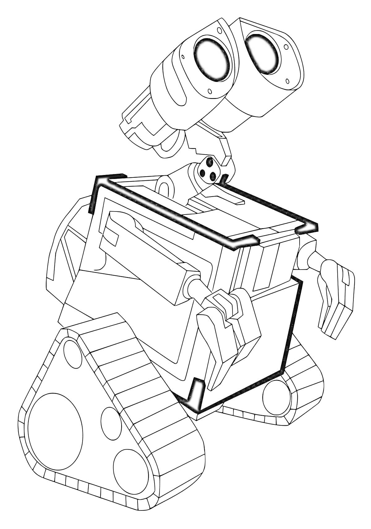Раскраска Робот ВАЛЛ-И с поднятыми телескопическими руками и гусеничными колесами.