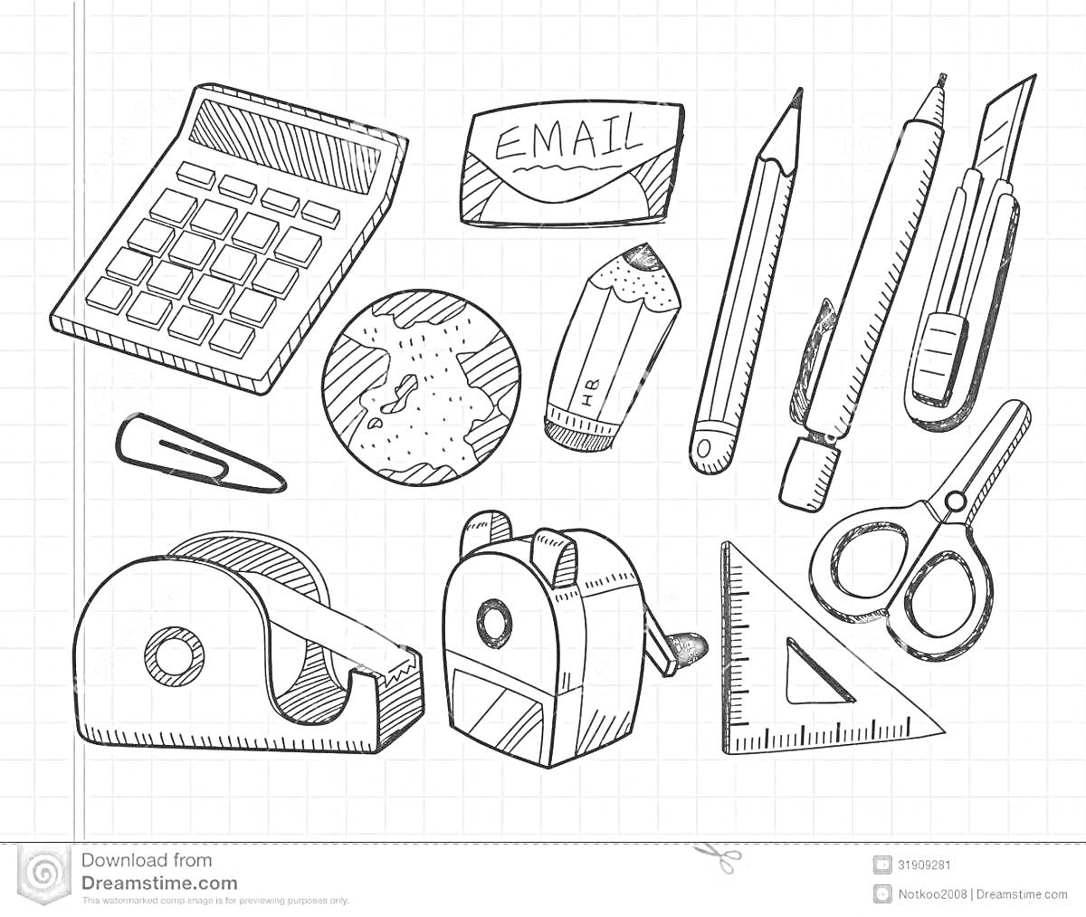 На раскраске изображено: Калькулятор, Ластик, Email, Земной шар, Ручка, Скрепка, Точилка, Рюкзак, Ножницы, Школьные принадлежности, Будущее, Нож