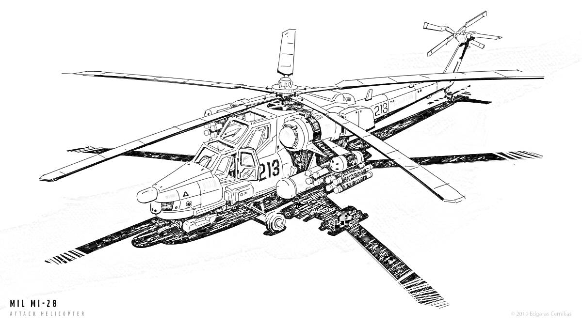 Раскраска Вертолет Ми-28 с четырьмя лопастями основного винта и двумя лопастями хвостового винта, номер 213 на борту, детали шасси и кабины пилота