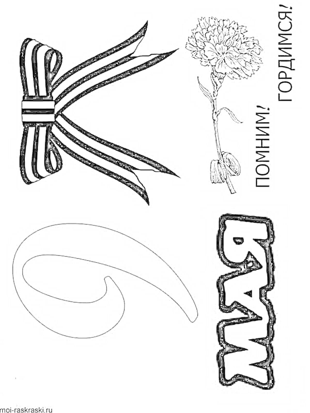 Раскраска Георгиевская лента, гвоздика, надписи 