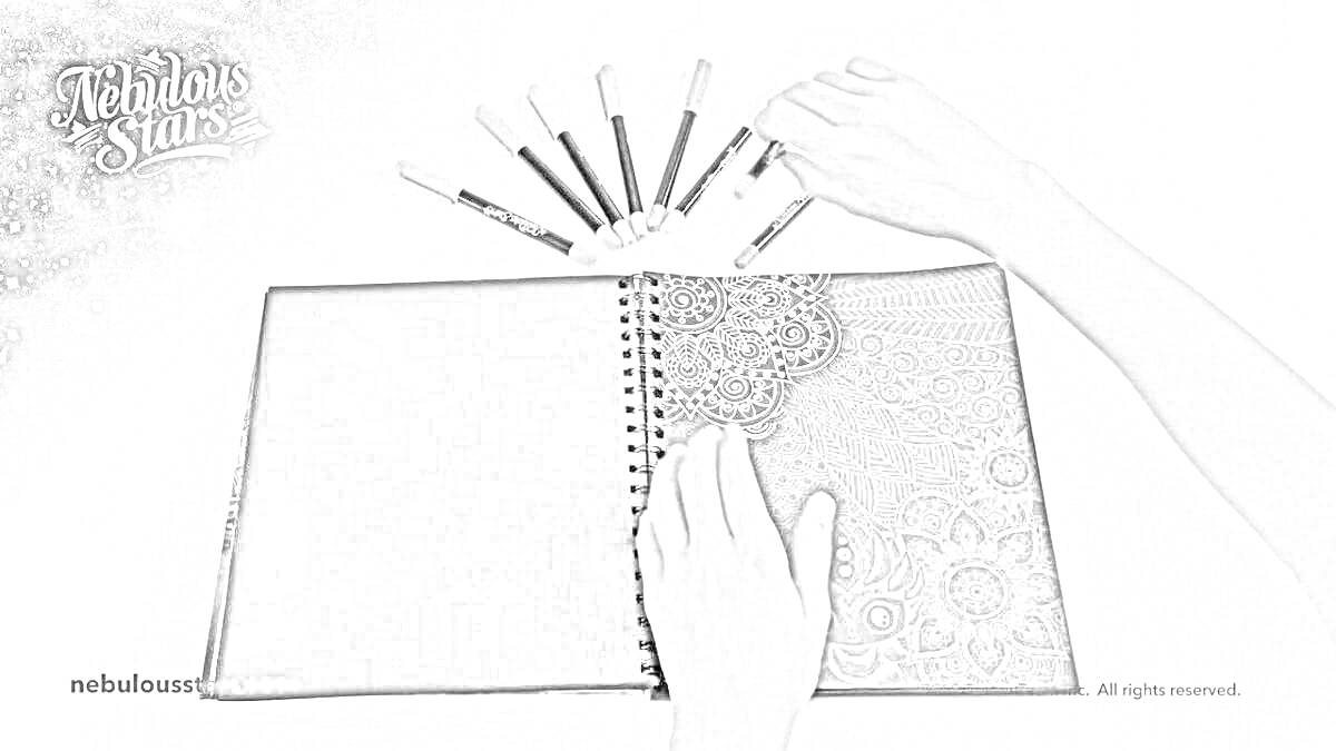 РаскраскаРаскраска Nebulous Stars, карандаши, раскрашиваемая книга, рука раскрашивающая узор