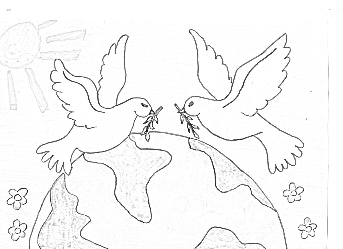 Раскраска Два голубя с ветками мир вокруг земного шара, цветы и солнце