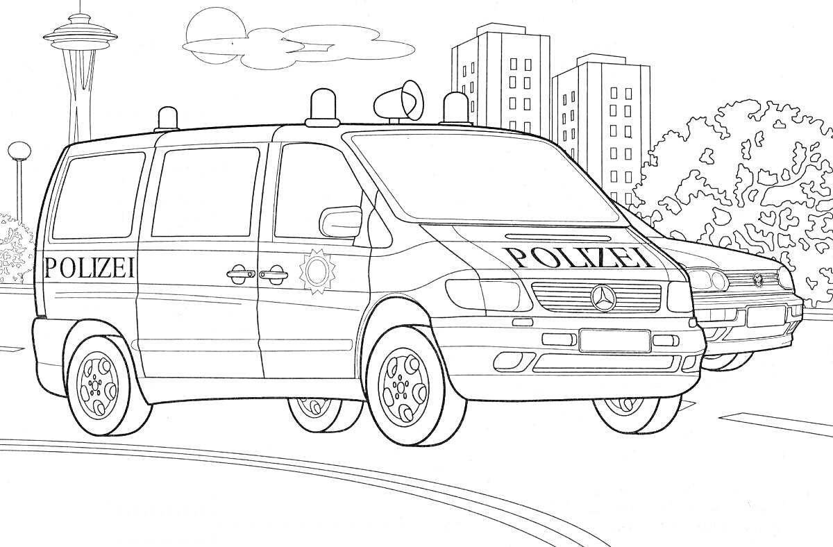 На раскраске изображено: Полицейская машина, Здания, Деревья, Облака, Линия горизонта, Города, Дороги