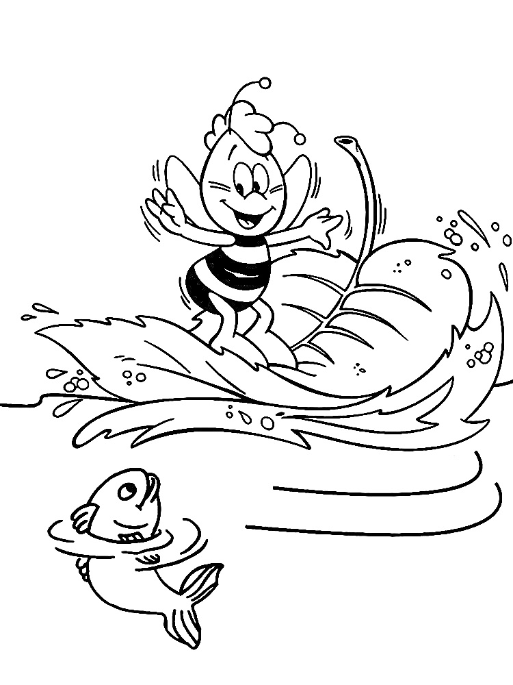 Раскраска Пчелка Майя катается на листке по воде, рядом рыба
