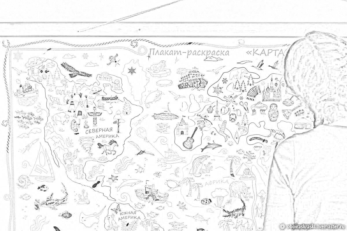 Раскраска карта мира с изображениями животных, зданий, морских существ и самолетов, для детской раскраски