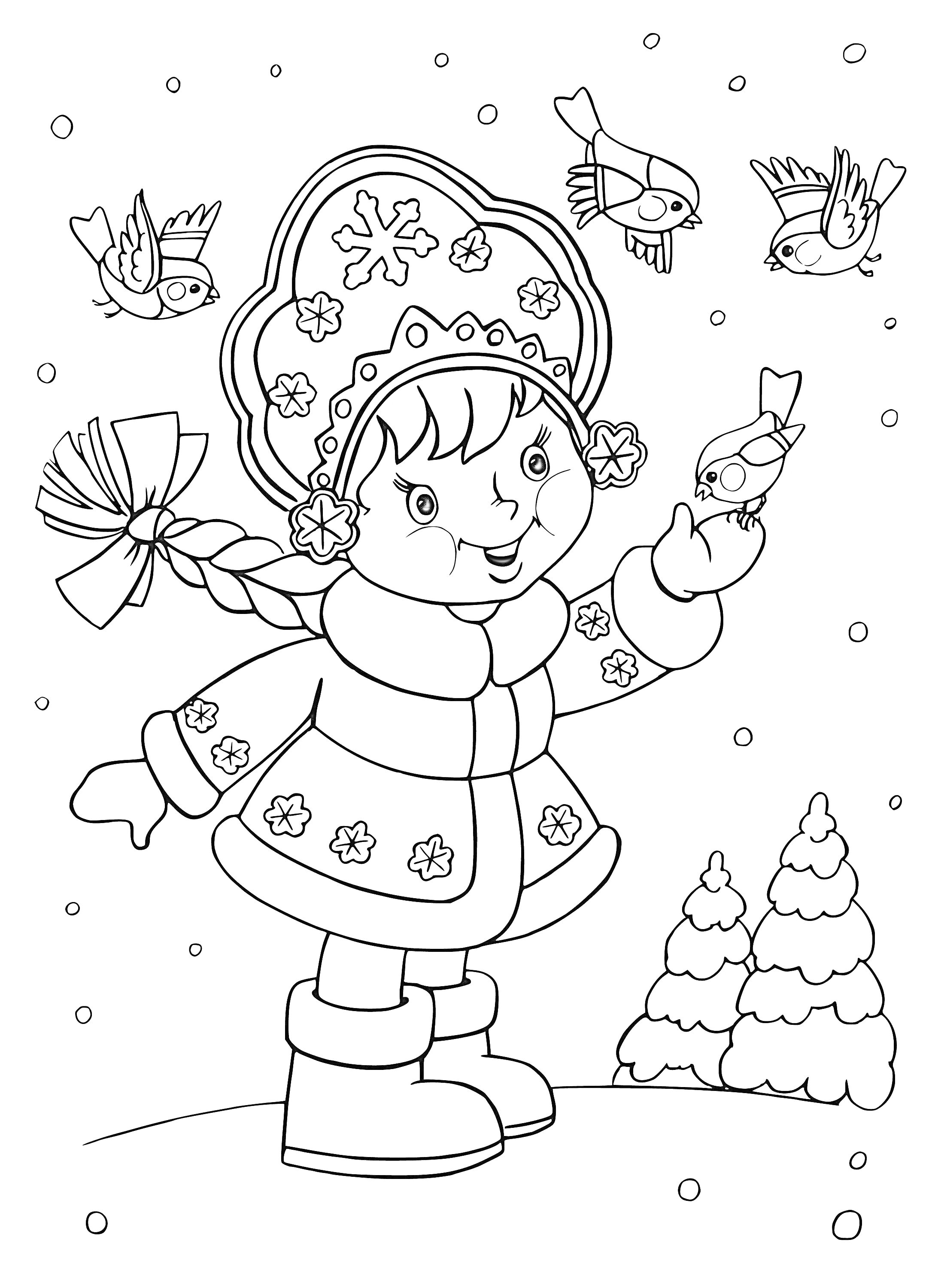На раскраске изображено: Снегурочка, Девочка, Зимняя шапка, Коса, Шуба, Ёлки, Снег, Зимний пейзаж, Для девочек, Зима
